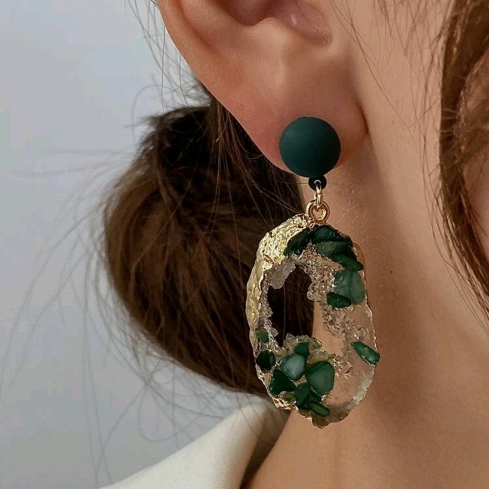 Gold Green Resin Drop Earrings Statement Geode Druzy Cocktail wedding party 💖